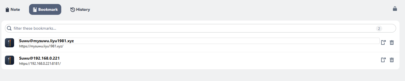 The Bookmark tool: each row's name and url, with open and delete