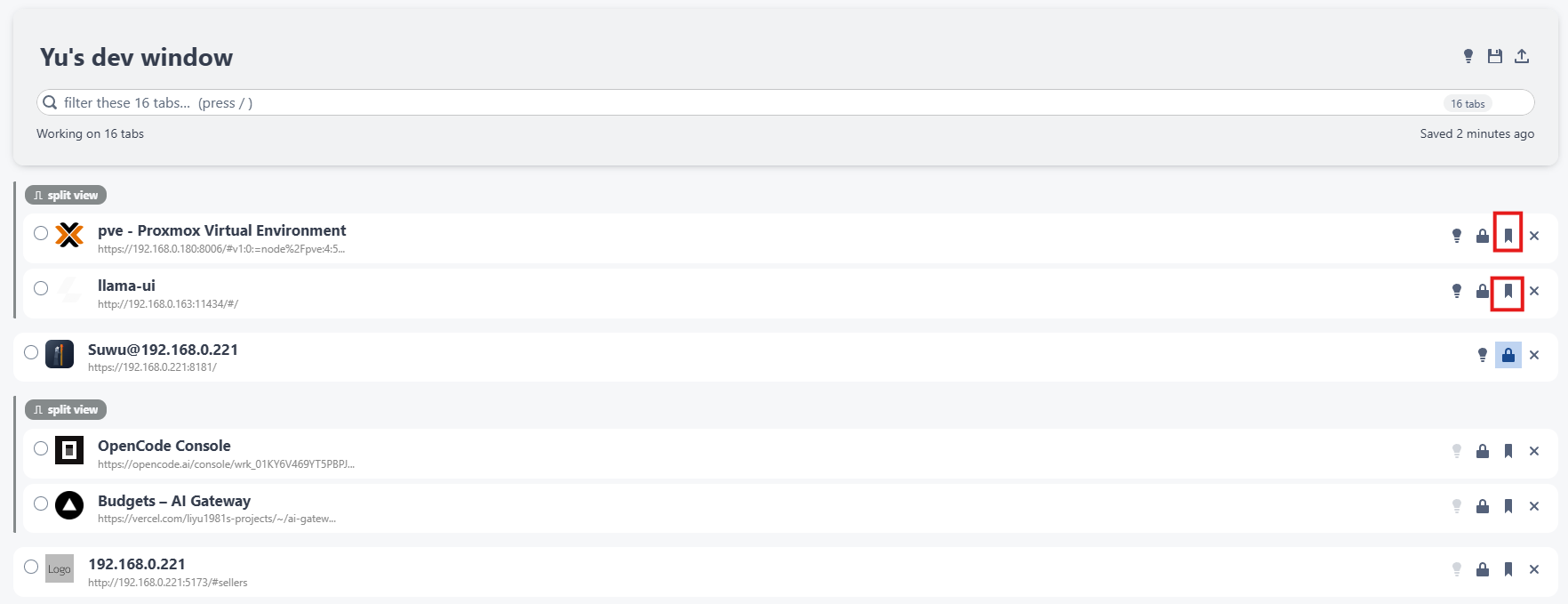 The bookmark button on a tab row